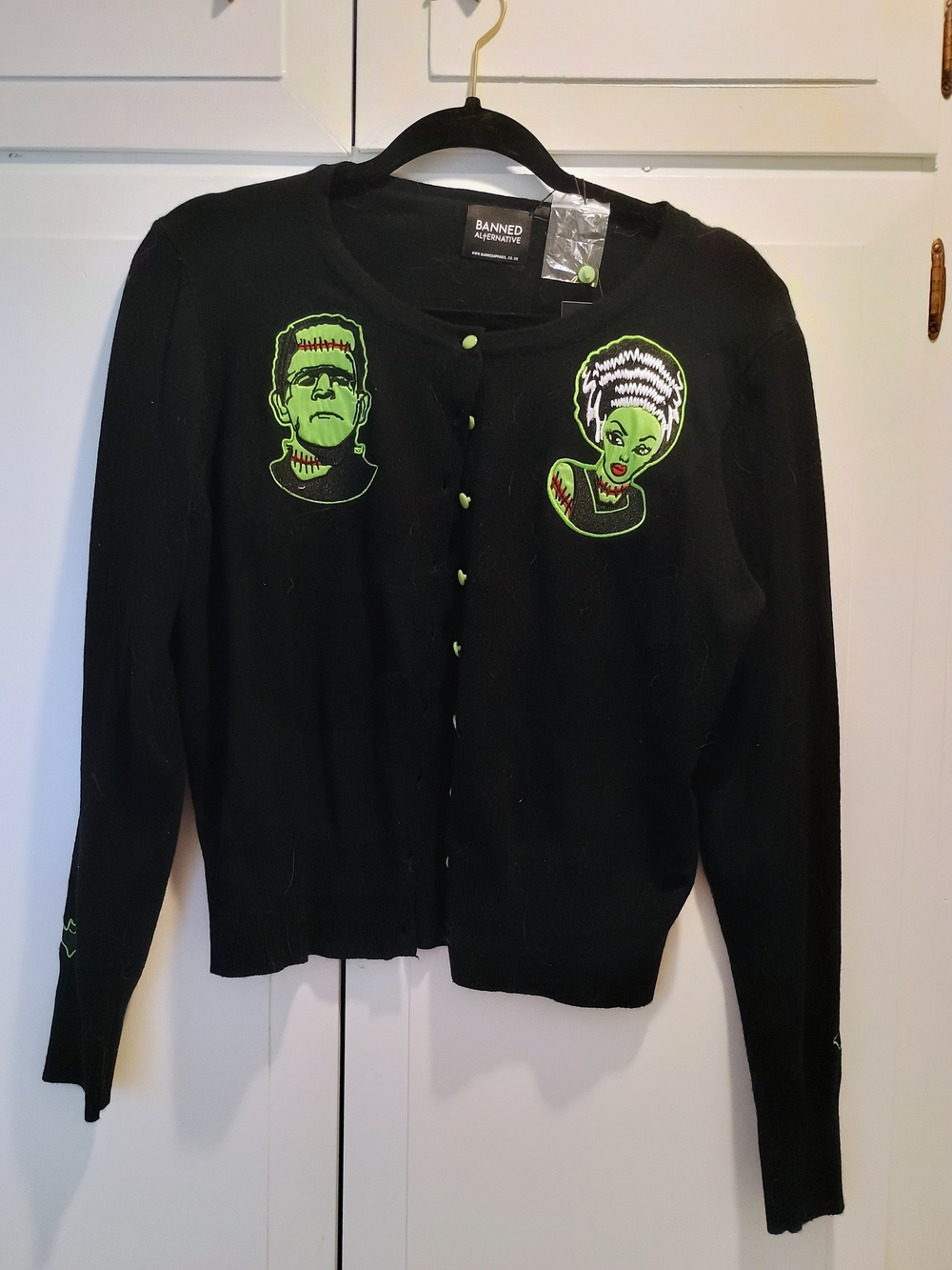 Halloween Black Cardigan with Frankenstein And Bride Of Frankenstein